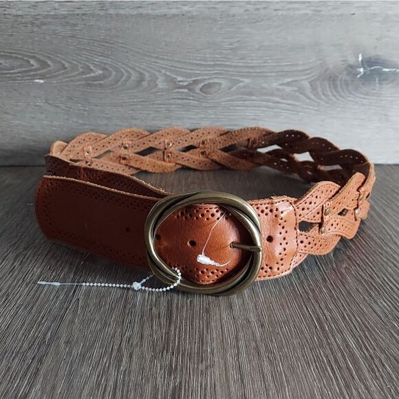 NEW Brown Woven Braided Perforated Leather Belt Stud Detail Size Large - Picture 1 of 7